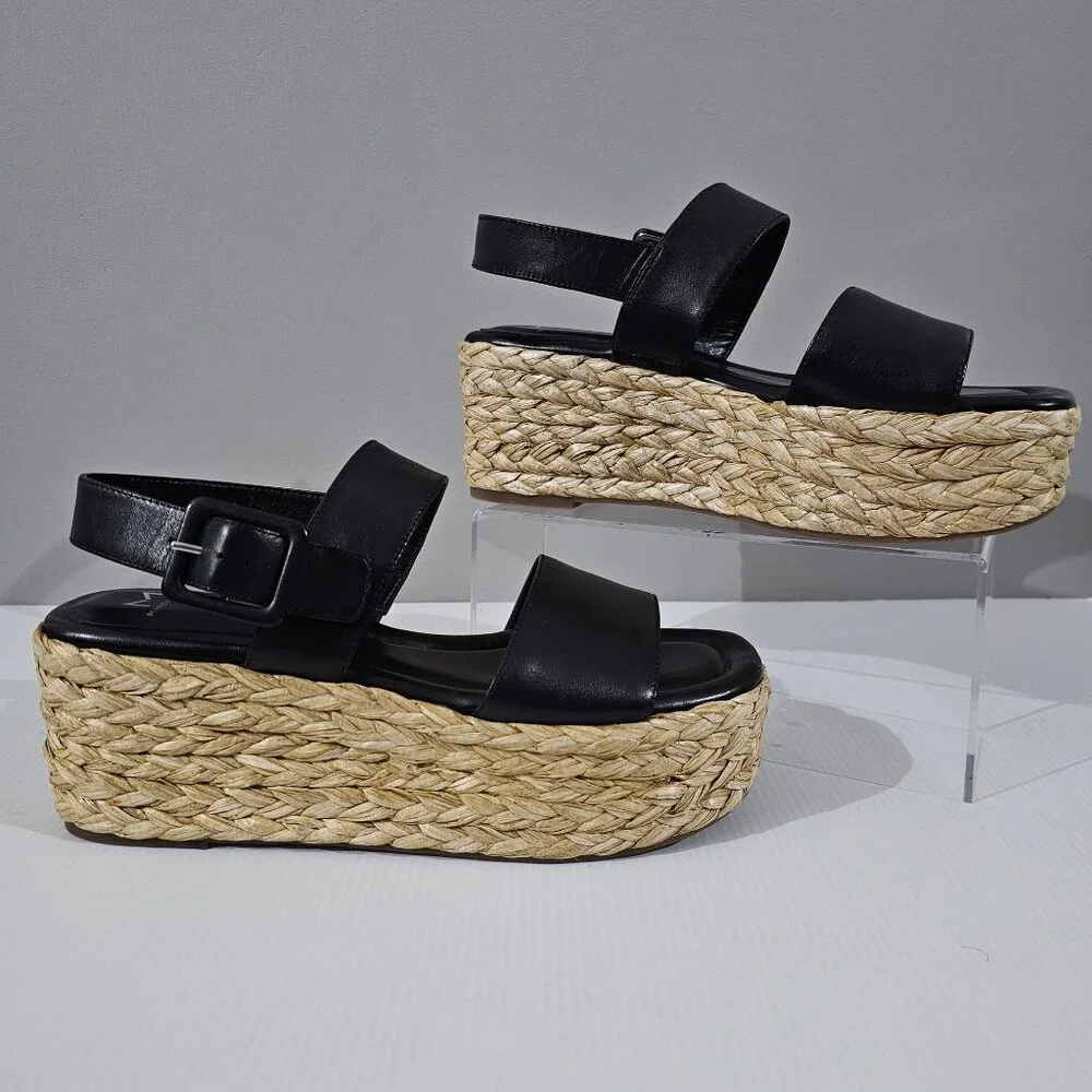 Marc Fisher LTD Patryce Platform Espadrille Sandal Size 9.5 Black Leather Raffia